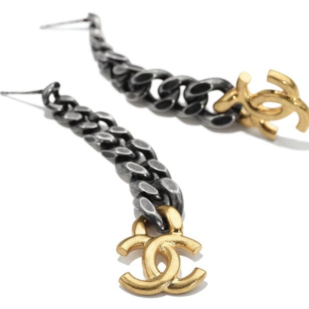 Gold CC 21P Curb Link Chain Ruthenium Silver Logo Large Dangle Drop Earrings